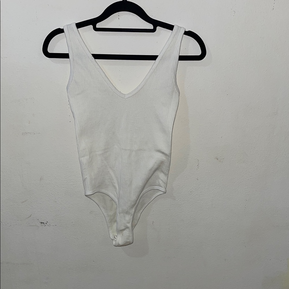 White Ribbed V-Neck Bodysuit